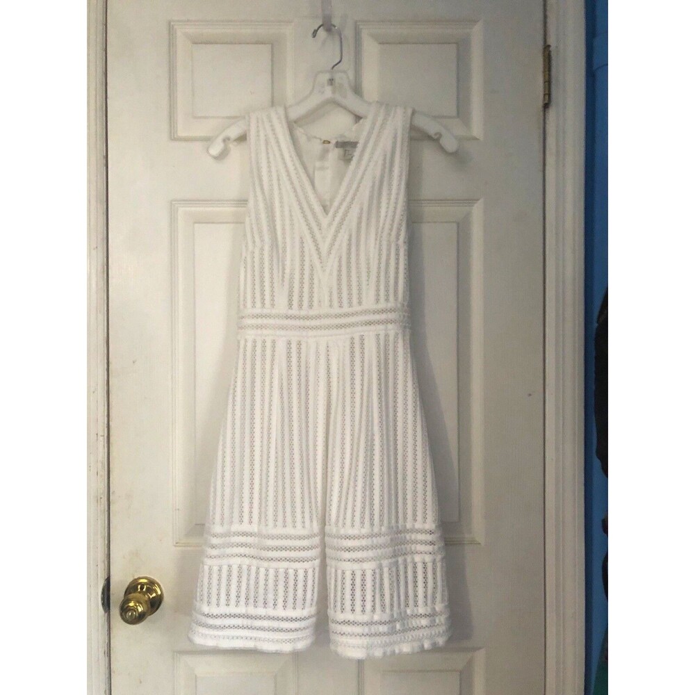 H&M White Knit Striped Lace V-Neck Lined Fit & Flare Dress Back Zipper Sz 6 - Picture 2 of 7